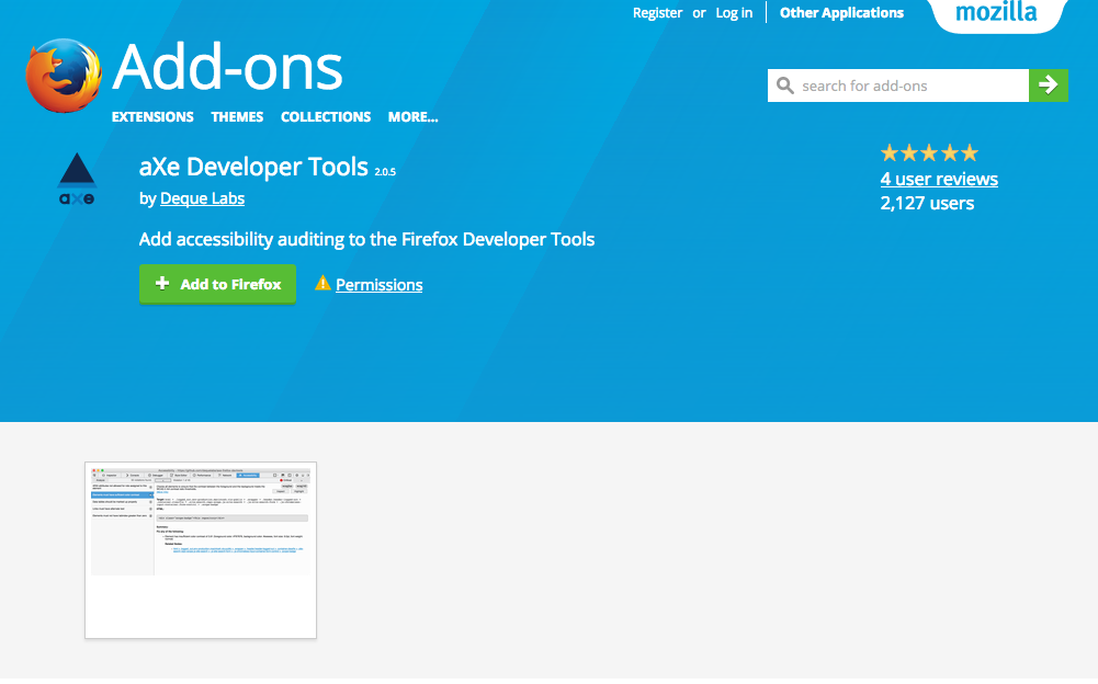aXe extension page on the Firefox addon store